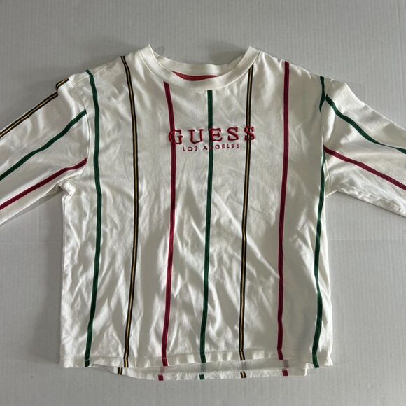 VTG 80s/ 90s GUESS, Long Sleeve, Vertical Striped, Embroidered Logo Shirt, sz S - Picture 2 of 5